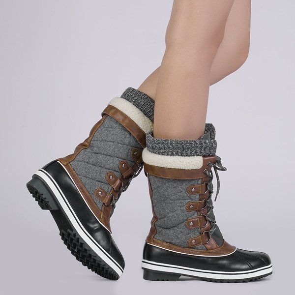 Lace Up Winter Fur Snow Boots - BLACK GREY - 1